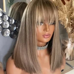 Brazilian Virgin Hair Straight Highlight Colored Glueless 5x5 Lace Closure wigs with Bangs 13x4 Lace Front Wig for Women