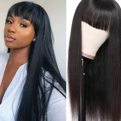 Brazilian Virgin Straight Human Hair Wigs with Bangs 8-30 inch None Lace Front Wigs Machine Made Wigs for Black Women Natural Color