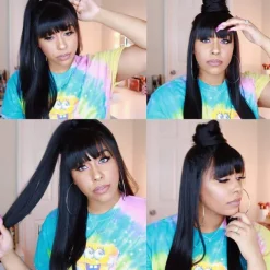 Brazilian Virgin Straight Human Hair Wigs with Bangs 8-30 inch None Lace Front Wigs Machine Made Wigs for Black Women Natural Color