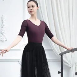 Breathable Ballet Activewear Leotard / Onesie Ruching Pure Color Splicing Women's Performance Training Half Sleeve High Cotton Blend