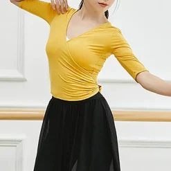 Breathable Ballet Top Ruching Bandage Solid Women's Training Performance Half Sleeve Modal