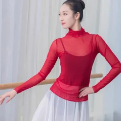 Breathable Ballet Top Split Joint Women's Training Performance Long Sleeve Tulle