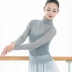 Breathable Ballet Top Split Joint Women's Training Performance Long Sleeve Tulle