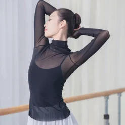 Breathable Ballet Top Split Joint Women's Training Performance Long Sleeve Tulle