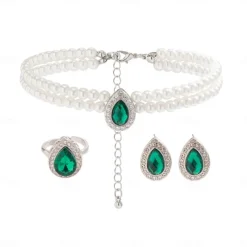 Bridal Jewelry Sets Three-piece Suit Zircon Rhinestone 1 Necklace 1 Ring Earrings Women's Elegant Sweet Lovely Geometrical Love Precious Jewelry Set For Wedding Gift