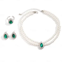 Bridal Jewelry Sets Three-piece Suit Zircon Rhinestone 1 Necklace 1 Ring Earrings Women's Elegant Sweet Lovely Geometrical Love Precious Jewelry Set For Wedding Gift