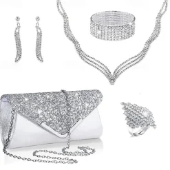 Bride Fashion Diamond Necklace Earrings Bracelet Ring Pu Sequin Handheld Bag Dinner Bag Set of Five
