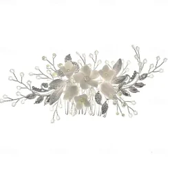 Bride Headwear Wedding Dress Ancient Style Hanfu Hair Comb Pearl Crystal Bead String White Headflower Ceramic Flower Comb