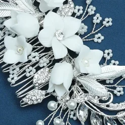 Bride Headwear Wedding Dress Ancient Style Hanfu Hair Comb Pearl Crystal Bead String White Headflower Ceramic Flower Comb