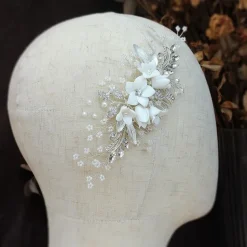 Bride Headwear Wedding Dress Ancient Style Hanfu Hair Comb Pearl Crystal Bead String White Headflower Ceramic Flower Comb