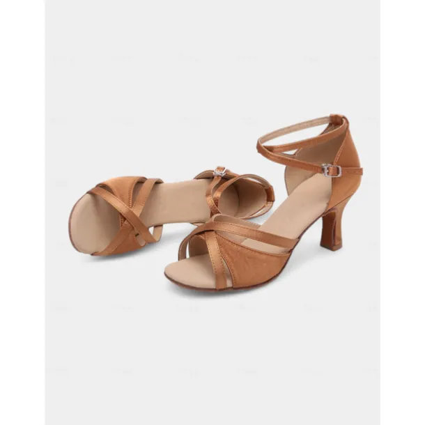 Bronze Satin Open-Toe Dance Heels for Women – Comfortable Crisscross Straps, Ideal for Dance Floors and Formal Events.
