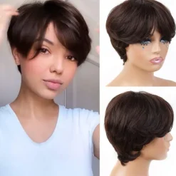 Brown Bob Wig Human Hair Short Pixie Cut Wig with Bangs Layered Human Hair Wigs for Black Women #4 Chocolate Colored Straight None Lace Front Wigs 150% Density Pre Plucked Natural Hairline