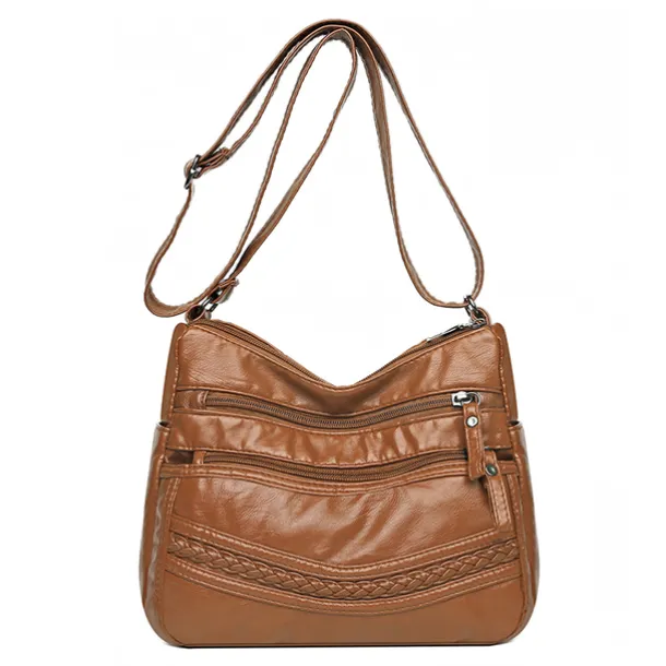 Brown Faux Leather Crossbody Bag for Women - Multi-Zip Casual Handbag with Adjustable Strap and Braided Accent, Perfect for Everyday Use and Travel