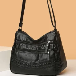 Brown Faux Leather Crossbody Bag for Women - Multi-Zip Casual Handbag with Adjustable Strap and Braided Accent, Perfect for Everyday Use and Travel