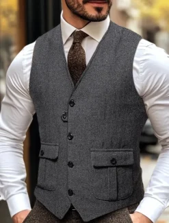 Brown Grey Men's Fashion Herringbone Tweed Vest Tailored Fit V Neck Single Breasted Four-buttons