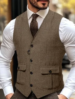 Brown Grey Men's Fashion Herringbone Tweed Vest Tailored Fit V Neck Single Breasted Four-buttons