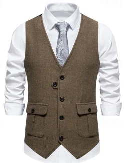Brown Grey Men's Fashion Herringbone Tweed Vest Tailored Fit V Neck Single Breasted Four-buttons