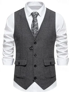 Brown Grey Men's Fashion Herringbone Tweed Vest Tailored Fit V Neck Single Breasted Four-buttons