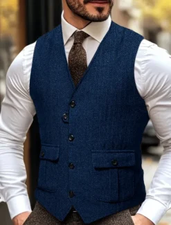 Brown Grey Men's Fashion Herringbone Tweed Vest Tailored Fit V Neck Single Breasted Four-buttons