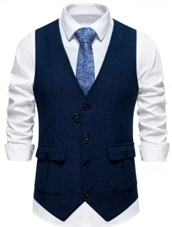 Brown Grey Men's Fashion Herringbone Tweed Vest Tailored Fit V Neck Single Breasted Four-buttons