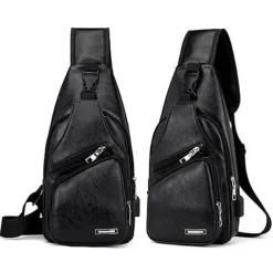 Brown Leather Crossbody Bag with Multiple Zippered Pockets for Men