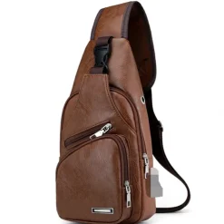 Brown Leather Crossbody Bag with Multiple Zippered Pockets for Men