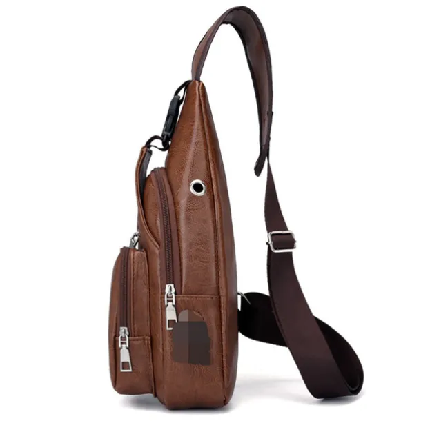 Brown Leather Crossbody Bag with Multiple Zippered Pockets for Men