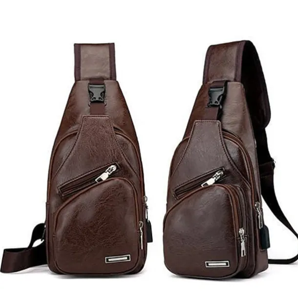 Brown Leather Crossbody Bag with Multiple Zippered Pockets for Men