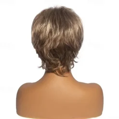 Brown Mix Blonde Curly Pixie Wigs for White Women Short Fluffy White Hair with Bangs Natural Synthetic Heat Resistant Wig