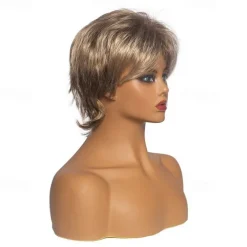 Brown Mix Blonde Curly Pixie Wigs for White Women Short Fluffy White Hair with Bangs Natural Synthetic Heat Resistant Wig