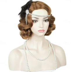 Brown 1920S Flapper Wavy Wig Finger Wavy Vintage Wig Side Parting 1960S Vintage Wig Curl Wavy Wig Cosplay Wig Platinum Wig Vintage Wig for Lady Costume Wig(Only Wigs) Halloween Wigs