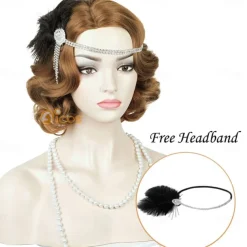 Brown 1920S Flapper Wavy Wig Finger Wavy Vintage Wig Side Parting 1960S Vintage Wig Curl Wavy Wig Cosplay Wig Platinum Wig Vintage Wig for Lady Costume Wig(Only Wigs) Halloween Wigs