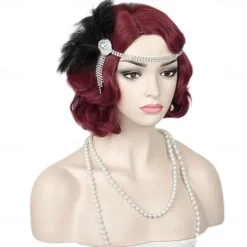 Brown 1920S Flapper Wavy Wig Finger Wavy Vintage Wig Side Parting 1960S Vintage Wig Curl Wavy Wig Cosplay Wig Platinum Wig Vintage Wig for Lady Costume Wig(Only Wigs) Halloween Wigs