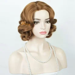 Brown 1920S Flapper Wavy Wig Finger Wavy Vintage Wig Side Parting 1960S Vintage Wig Curl Wavy Wig Cosplay Wig Platinum Wig Vintage Wig for Lady Costume Wig(Only Wigs) Halloween Wigs