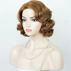 Brown 1920S Flapper Wavy Wig Finger Wavy Vintage Wig Side Parting 1960S Vintage Wig Curl Wavy Wig Cosplay Wig Platinum Wig Vintage Wig for Lady Costume Wig(Only Wigs) Halloween Wigs