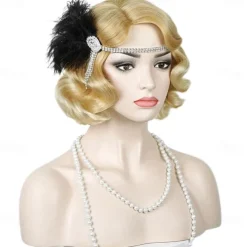 Brown 1920S Flapper Wavy Wig Finger Wavy Vintage Wig Side Parting 1960S Vintage Wig Curl Wavy Wig Cosplay Wig Platinum Wig Vintage Wig for Lady Costume Wig(Only Wigs) Halloween Wigs