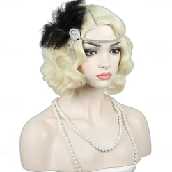 Brown 1920S Flapper Wavy Wig Finger Wavy Vintage Wig Side Parting 1960S Vintage Wig Curl Wavy Wig Cosplay Wig Platinum Wig Vintage Wig for Lady Costume Wig(Only Wigs) Halloween Wigs