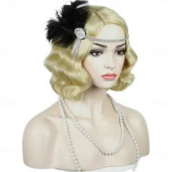 Brown 1920S Flapper Wavy Wig Finger Wavy Vintage Wig Side Parting 1960S Vintage Wig Curl Wavy Wig Cosplay Wig Platinum Wig Vintage Wig for Lady Costume Wig(Only Wigs) Halloween Wigs