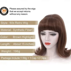 Brown 60s Retro Beehive Wigs for Women 70s Classic Style Cosplay Wig With Bang for Party Carnival Use Costume Cosplay Brown Highlight Halloween Wigs