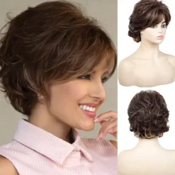 Brown Short Wigs for White Women, Brown Wig with Bangs Short Curly Pixie Cut Wigs Charming Synthetic Layered Wavy Wigs For Old Lady