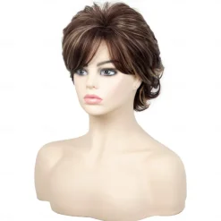 Brown Short Wigs for White Women, Brown Wig with Bangs Short Curly Pixie Cut Wigs Charming Synthetic Layered Wavy Wigs For Old Lady
