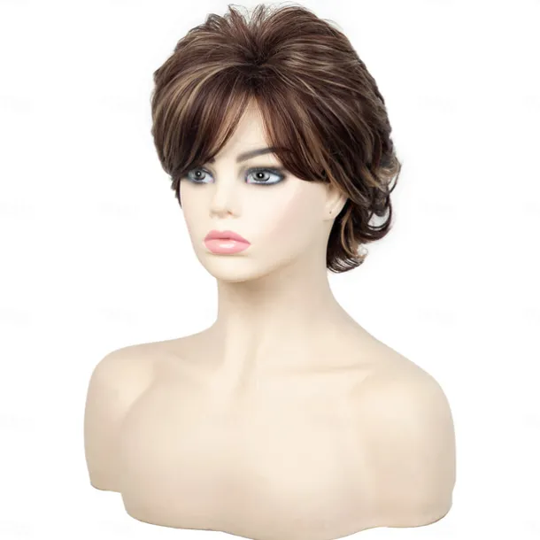 Brown Short Wigs for White Women, Brown Wig with Bangs Short Curly Pixie Cut Wigs Charming Synthetic Layered Wavy Wigs For Old Lady