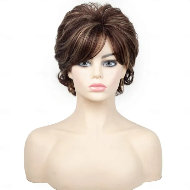 Brown Short Wigs for White Women, Brown Wig with Bangs Short Curly Pixie Cut Wigs Charming Synthetic Layered Wavy Wigs For Old Lady