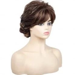 Brown Short Wigs for White Women, Brown Wig with Bangs Short Curly Pixie Cut Wigs Charming Synthetic Layered Wavy Wigs For Old Lady