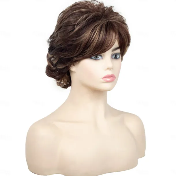 Brown Short Wigs for White Women, Brown Wig with Bangs Short Curly Pixie Cut Wigs Charming Synthetic Layered Wavy Wigs For Old Lady