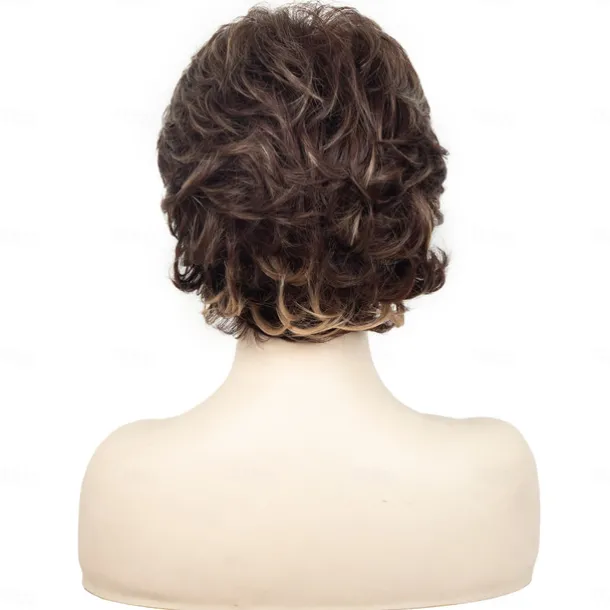 Brown Short Wigs for White Women, Brown Wig with Bangs Short Curly Pixie Cut Wigs Charming Synthetic Layered Wavy Wigs For Old Lady