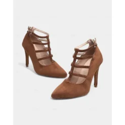 Brown Suede Strappy High Heel Dance Shoes for Women – Elegant Closed Toe Latin Ballroom Practice Pumps
