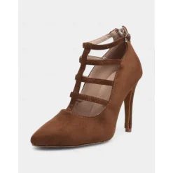 Brown Suede Strappy High Heel Dance Shoes for Women – Elegant Closed Toe Latin Ballroom Practice Pumps