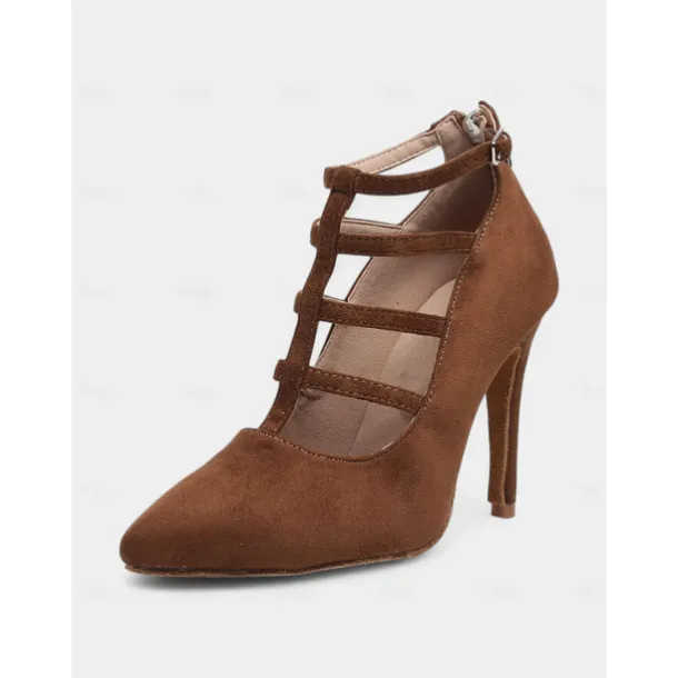 Brown Suede Strappy High Heel Dance Shoes for Women – Elegant Closed Toe Latin Ballroom Practice Pumps