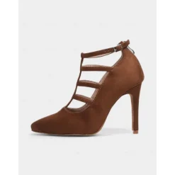 Brown Suede Strappy High Heel Dance Shoes for Women – Elegant Closed Toe Latin Ballroom Practice Pumps